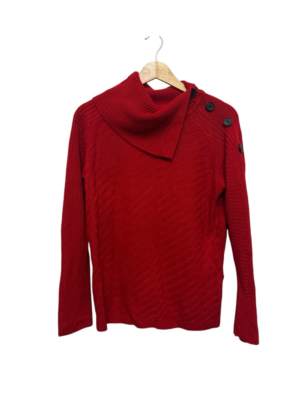 Liz Claiborne Red Asymmetrical Cowl Neck Sweater with Shoulder Buttons